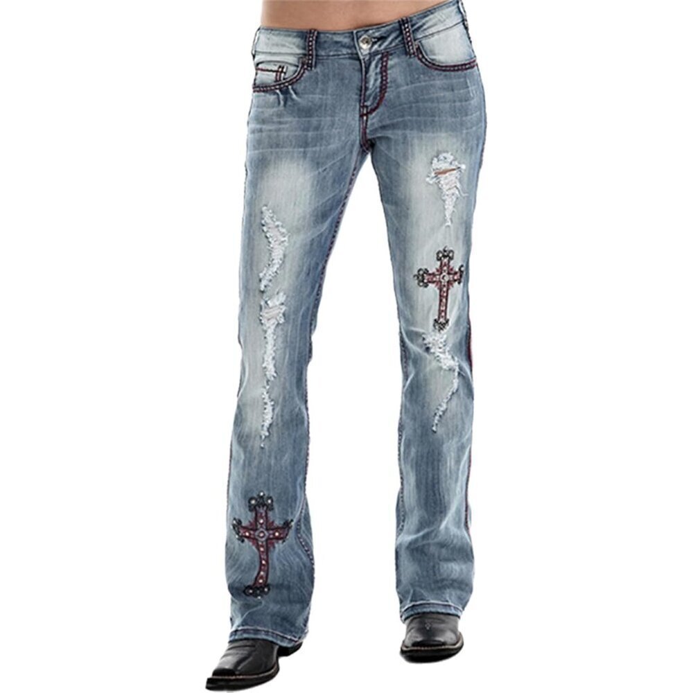 Bootcut Jeans Women Denim Mid Rise Ripped Embroidered Cross Stretchy Fit Long Pa